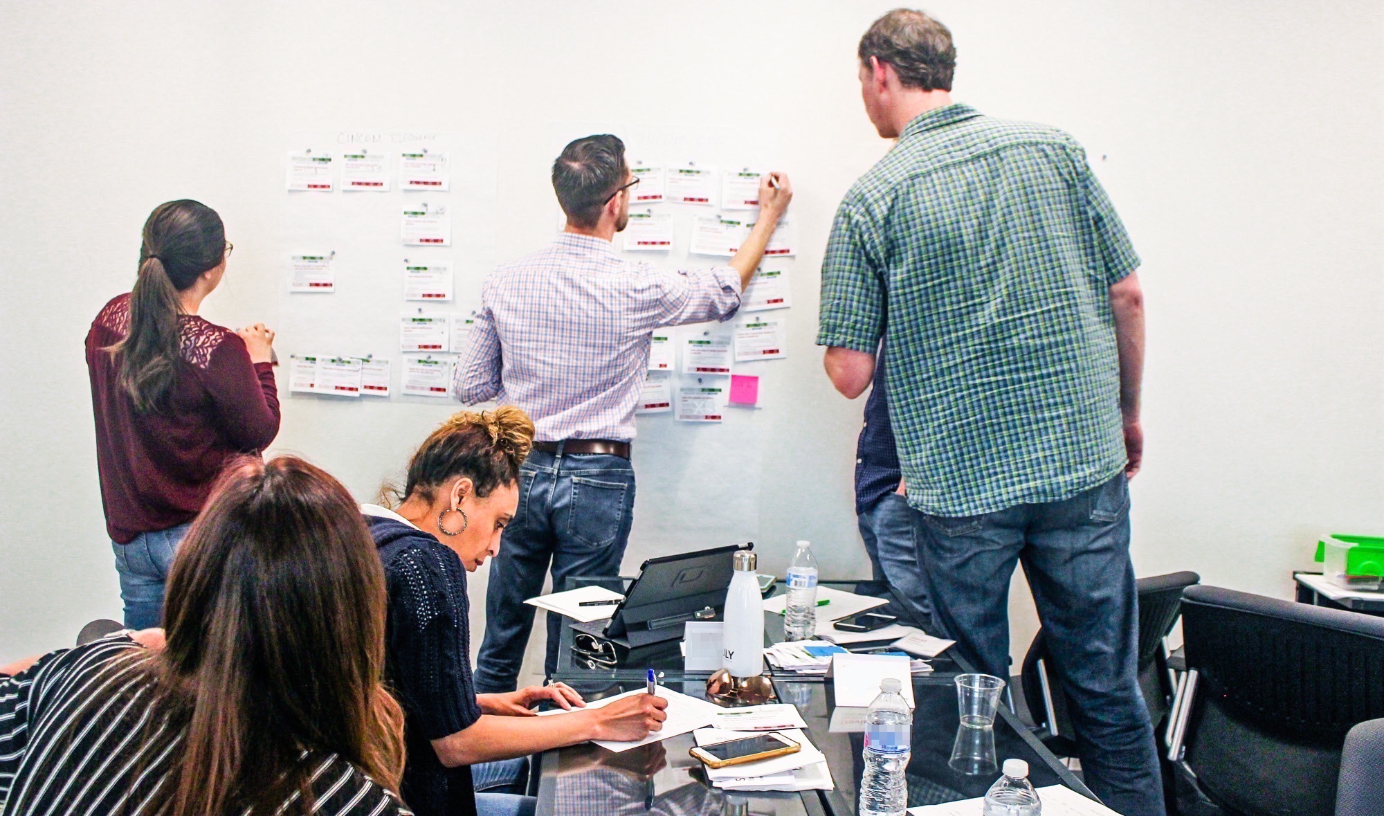 Photo of workshop of a team of six all working together to create their organization’s UX Strategy.